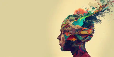 An abstract profile of a person with colorful, surreal thoughts and nature elements blooming from their head.