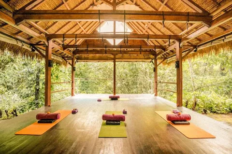 Open-air wooden yoga shala at Basundari Retreat Ubud, Bali, with mats and bolsters overlooking a lush tropical jungle.