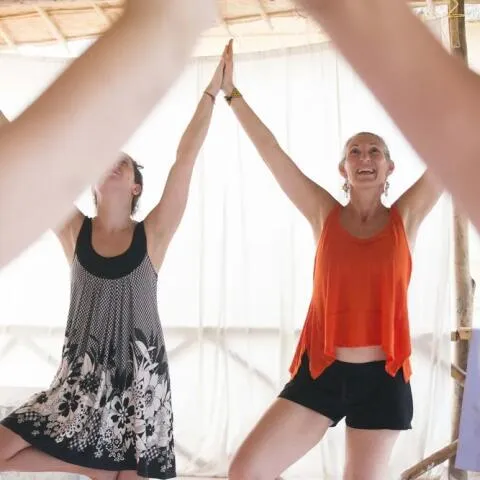 Two women practicing a partner tree pose with their hands joined overhead