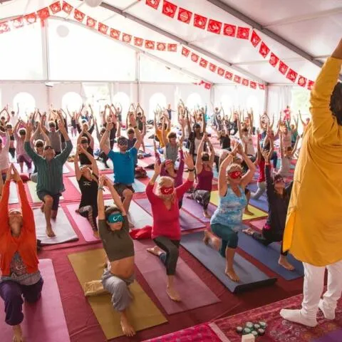 A large yoga class inside a bright tent where students learning yoga