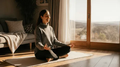 A woman meditates in a lotus pose on a yoga mat in a sunlit living room with a scenic window view.