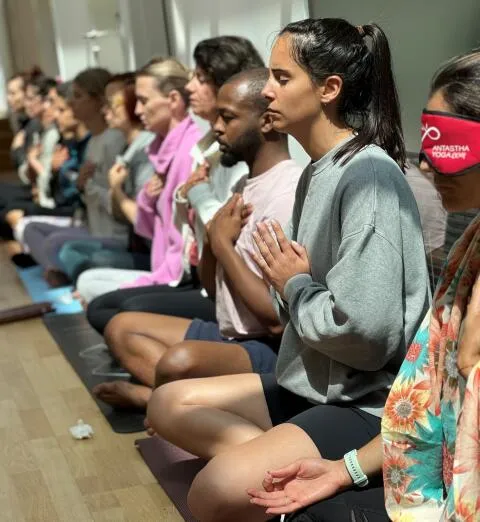 People meditating in seated yoga poses.