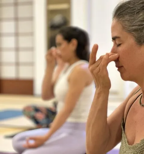 Women practicing alternate nostril breathing